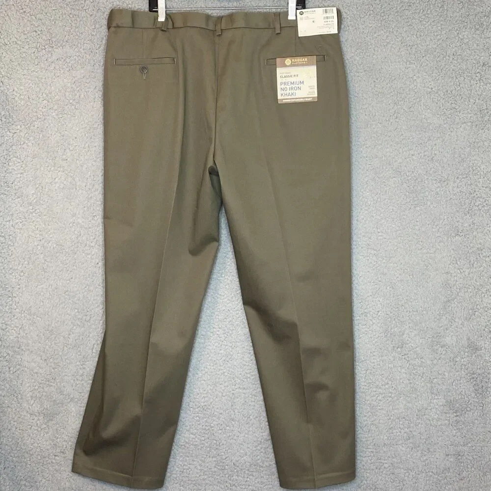 NWT Haggar Mens Brown Flat Front Classic Fit No Iron Expandable Waist 42x32